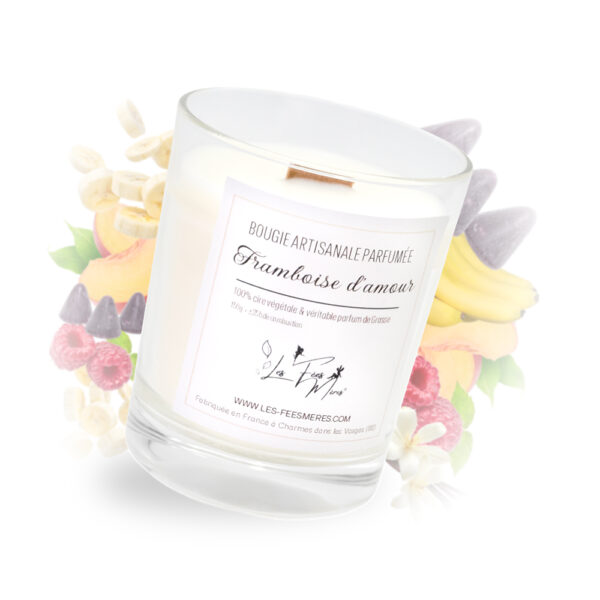 Photo de notre bougie coulée framboise d'amour et ses notes olfactives qui composent son parfum
