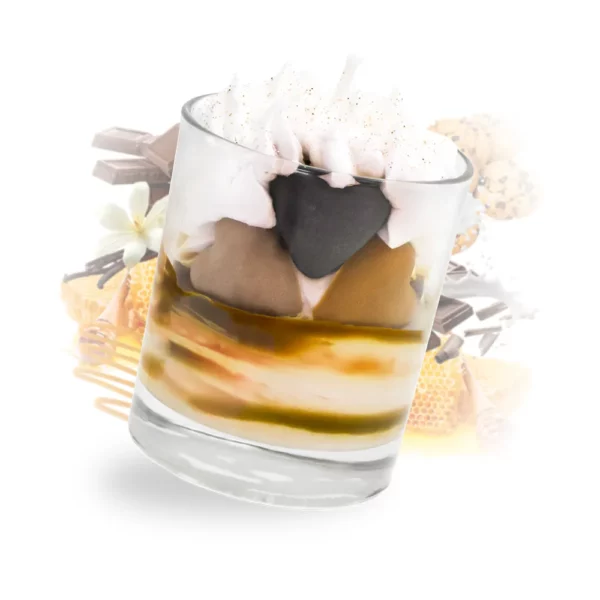 Photo qui représente notre bougie gourmande chocolat caramel et les notes qui composent sa fragrance