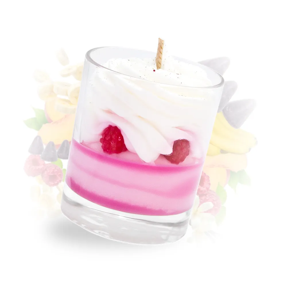 Photo qui représente notre bougie gourmande framboise d'amour et les notes qui composent sa fragrance