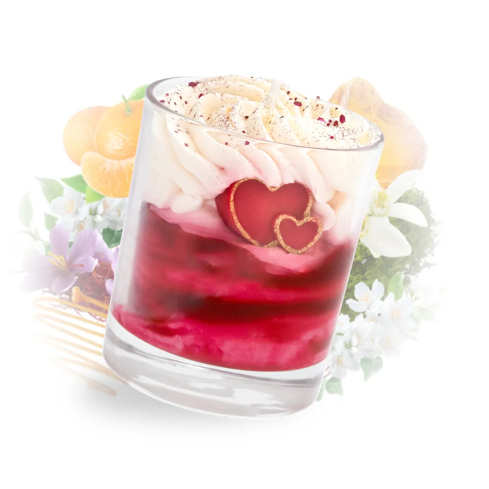 Photo qui représente notre bougie gourmande saint valentin rubis et les notes qui composent sa fragrance