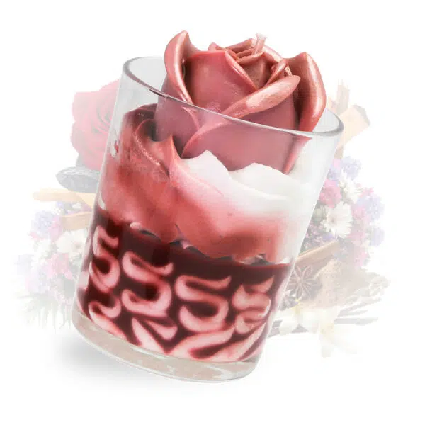 Photo qui représente notre grande bougie gourmande bois de rose de façon plus zoomé