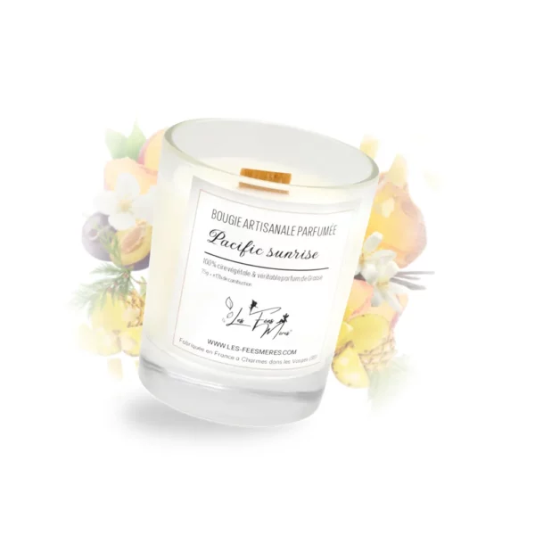 Photo de notre petite bougie coulée pacific sunrise et ses notes olfactives qui composent son parfum
